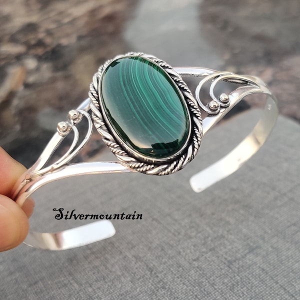 Malachite Gemstone Bangle* Oval Stone Bangle* Beautiful Bangle* Adjustable Bangle* 925 Sterling Silver Bangle* Designer Bangle* Gift For Her