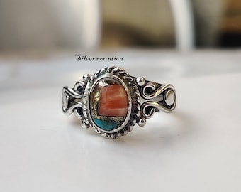 Oyster Copper Turquoise Ring: 925 Sterling Silver Boho Band