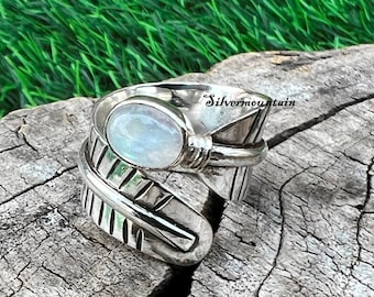 AUDRIELLE 925 Sterling Silver Adjustable Ring With Rainbow Moonstone - Handmade Gemstone Jewelry