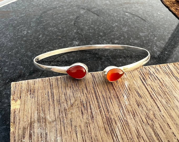 Handmade Pear Carnelian Sterling Silver Bangle - Adjustable Boho Style
