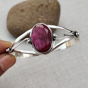 Handmade Oval Ruby Bangle: Adjustable 925 Sterling Silver