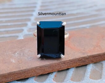 Black Onyx Rectangle Ring, 925 Sterling Silver Band Ring