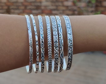 Sterling Silver Bangle Set of 7: Floral & Leaf Design