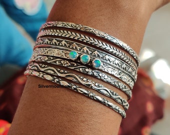 Opal Gemstone Silver Bangles** 7 Set Of  Bangles** 925 Sterling Silver Bangle Set** Hammered Set Bangles** Charm Bangles** Stylish Jewelry