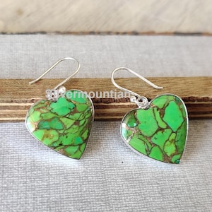 Green Copper Turquoise Heart Earrings: 925 Sterling Silver Dangle Earrings