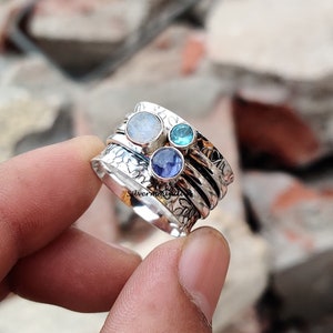 Tanzanite Ring, 925 Sterling Silver Ring, Moonstone Ring, Spinner Ring, Gemstone Ring, Handmade Ring, Meditation Ring, Blue Topaz Ring.