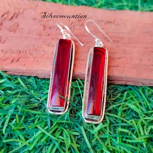 Handmade Rectangle Red Garnet Earrings: 925 Sterling Silver Dangles Earrings, Gift Her