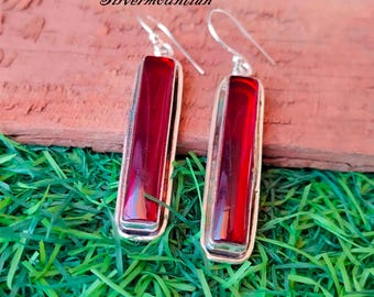 Handmade Rectangle Red Garnet Earrings: 925 Sterling Silver Dangles Earrings, Gift Her