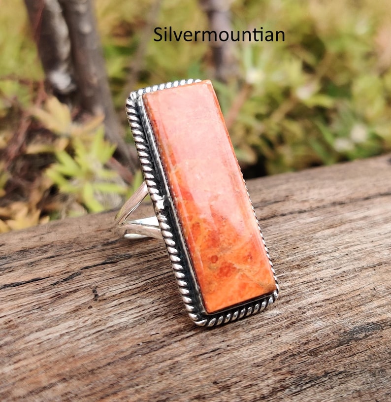 American Turquoise Ring: Handmade Sterling Silver Band Ring Sponge Coral