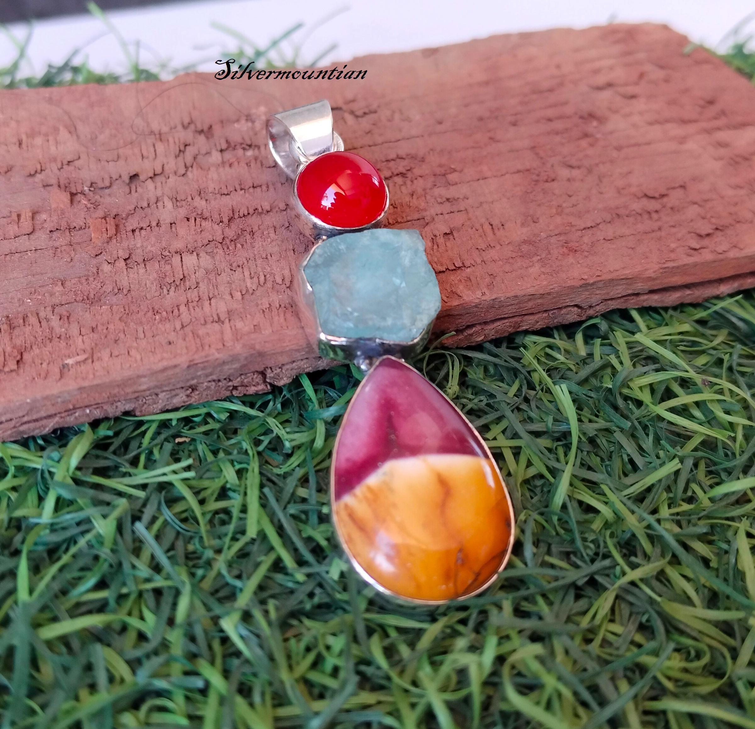 Pendentif Argent 925 Et Jaspe Cornaline Naturel Fait Main - Longueur 2,5 Pouces