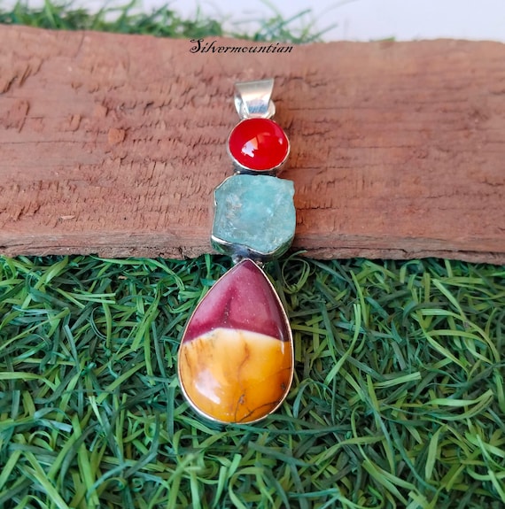 Natural Mookaite Jasper Pendant, Carnelian Pendant, Raw Aquamarine