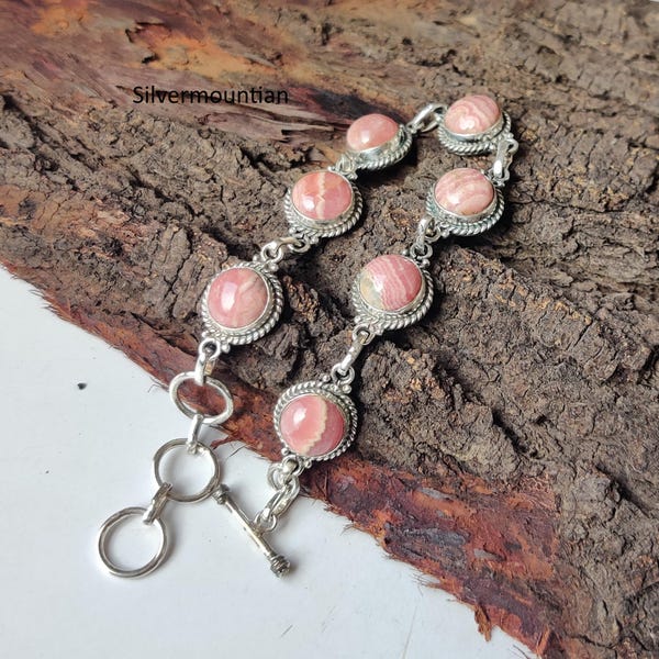 Rhodochrosite Bracelet: Handmade 925 Sterling Silver Toggle Clasp