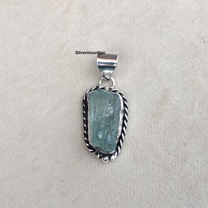 Raw Aquamarine Pendant: Handmade 925 Sterling Silver Worry Stone