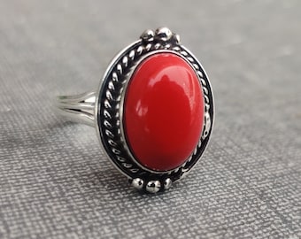 Coral Gemstone Ring* Beautiful Ring* Oval Shape ring* Handmade Ring* Amazing Ring* 925 Sterling Silver Ring* Stylish Ring* Designer Ring*