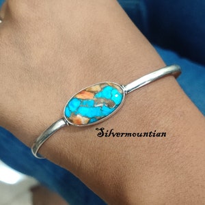 Auster Kupfer Türkis Armreif: Handgemachtes Edelstein-Armband aus 925er Sterlingsilber