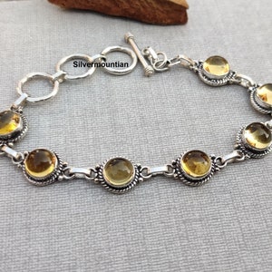 Citrine Gemstone Bracelet, Round Shape Bracelet, 925 Sterling Silver, 7 Stone Bracelet, Silver Jewelry, Adjustable Bracelet, gift item