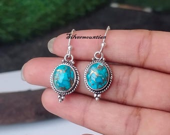 Handmade Sterling Silver Blue Copper Turquoise Oval Earrings