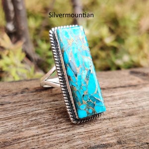 American Turquoise Ring: Handmade Sterling Silver Band Ring Blue Copper