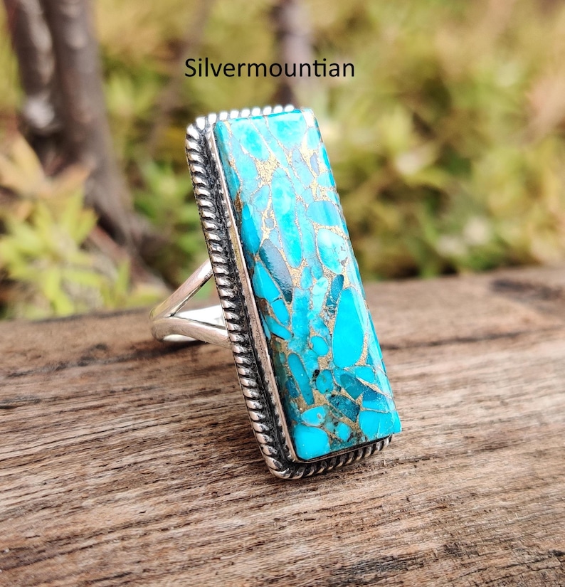 American Turquoise Ring: Handmade Sterling Silver Band Ring Blue Copper
