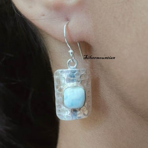 Hammered Silver Earrings With Larimar Gemstone, 925 Sterling Silver, Women Jewelry, Everyday Wear Earrings, Stylish Earrings, Gift For Her