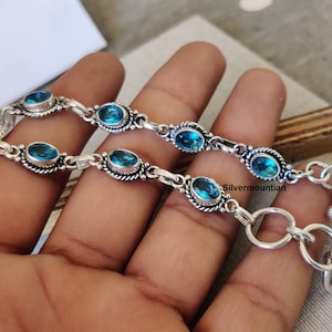Blue Topaz Gemstone Bracelet, Oval Shape Bracelet, 925 Sterling Silver, Designer Women Bracelet, Indian Jewelry, Everyday Bracelet, Gift Her