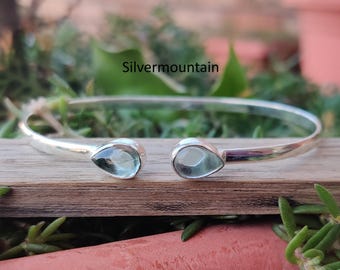 Aquamarine Teardrop Bangle, Adjustable 925 Sterling Silver, Handmade Boho Jewelry