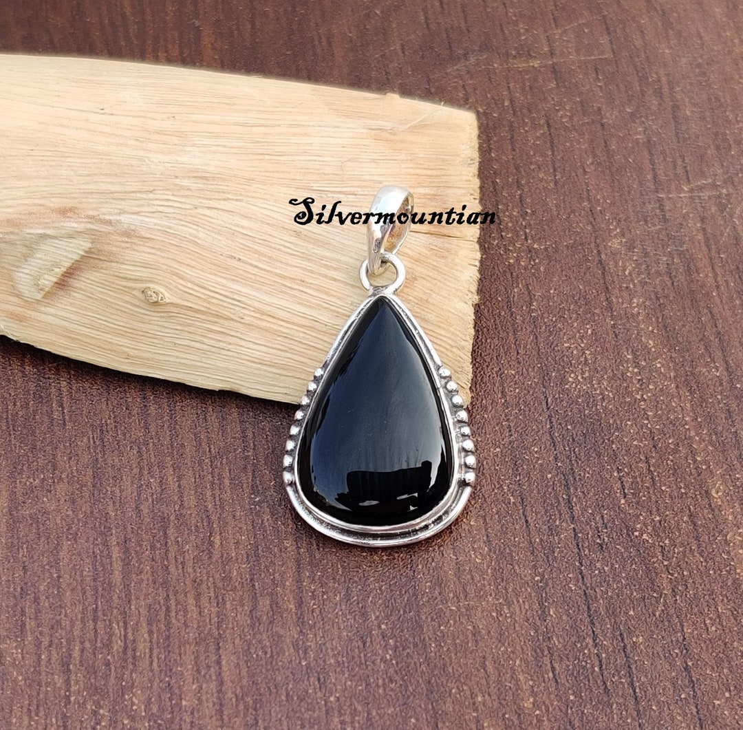 Black Onyx Pendant925 Sterling Silver cut Pear Stone Pendant Designer