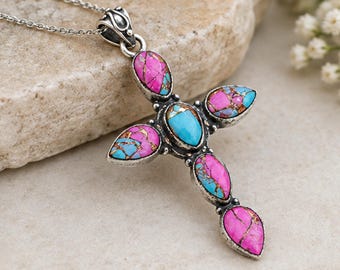 Cotton Cindy Turquoise Cross Pendant, Handmade 925 Sterling Silver Boho Necklace, Minimalist Jewelry, Gift For Her