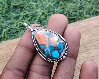 Handmade Oyster Copper Turquoise Pendant: Pear Sterling Silver Jewelry