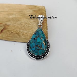 Handmade Pear Shape Blue Copper Turquoise Pendant: 925 Sterling Silver