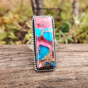 American Turquoise Ring: Handmade Sterling Silver Band Ring Pink Oyster