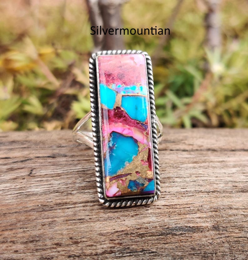 American Turquoise Ring: Handmade Sterling Silver Band Ring Pink Oyster