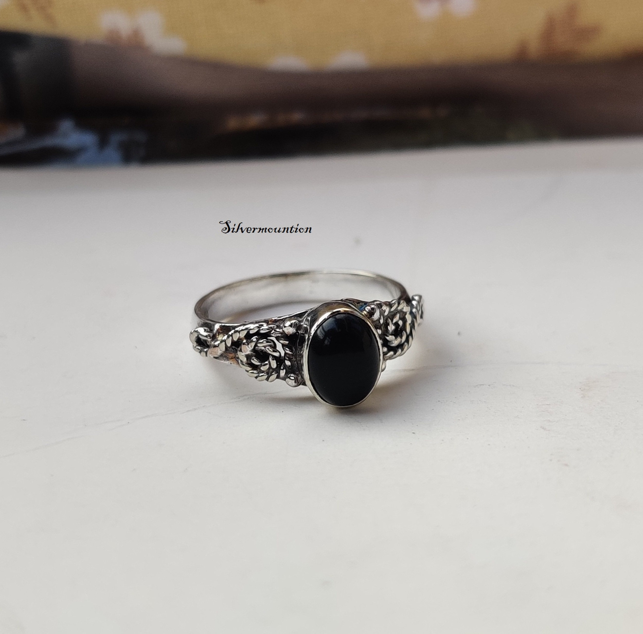 thumbnail image 2 of Natural Black Onyx 925 Sterling Silver Handmade Ring – Oval Bezel, Stackable, BO-53 2 of 3