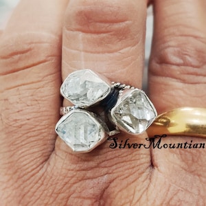 Herkimer Diamond Ring, 925 Sterling Silver Ring ,Rough Herkimer Diamond Ring ,Three Stone Ring, Designer Ring, Boho Ring ,Free Shipping