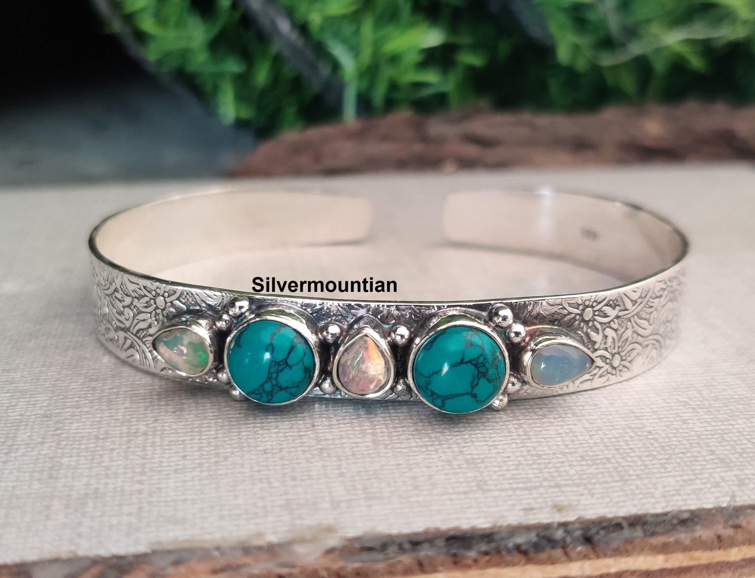 Turquoise Sterling Silver Bangle: Five Stone Adjustable Bracelet