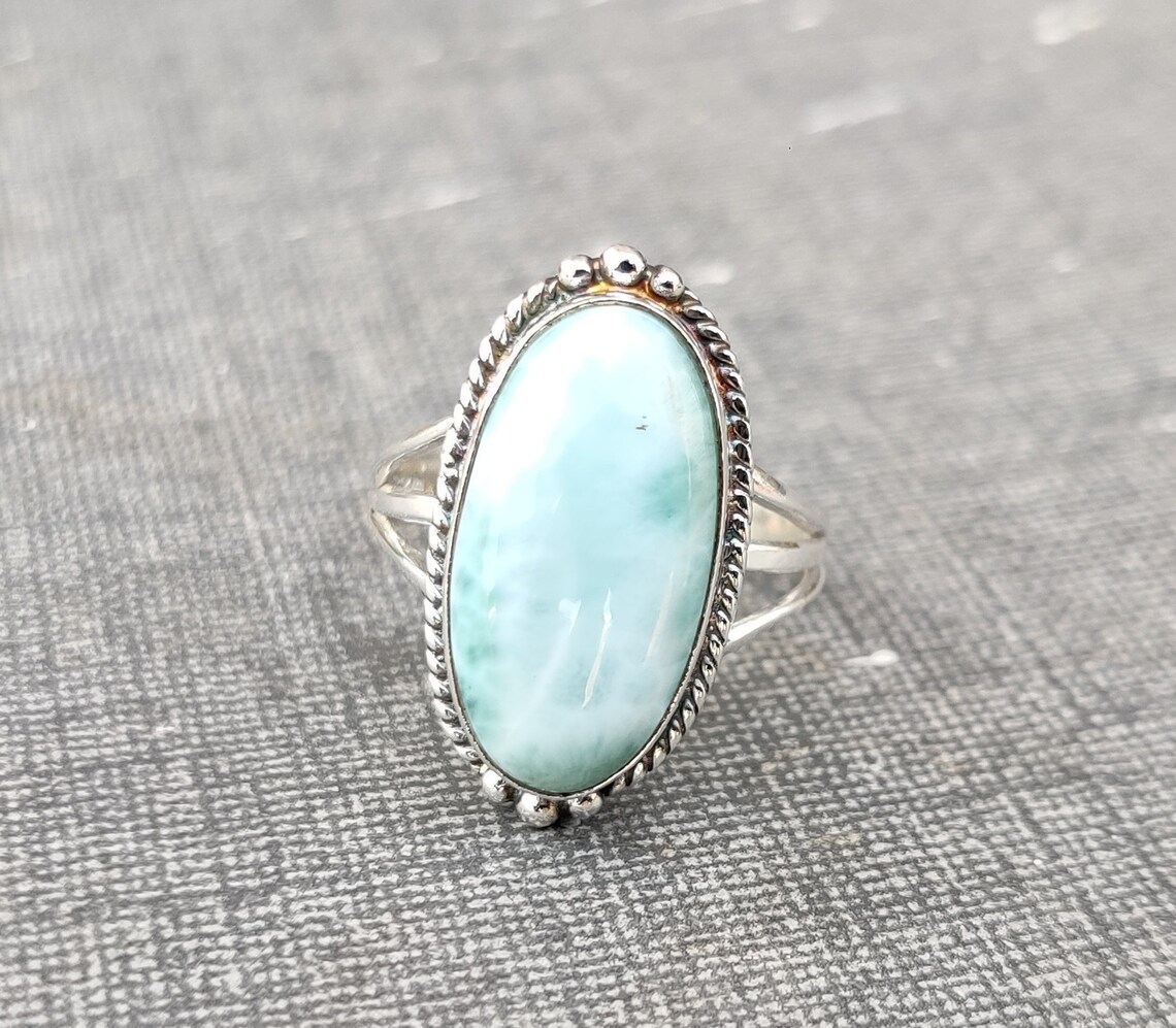 Handmade Oval Larimar Ring: 925 Sterling Silver Boho Band - Etsy
