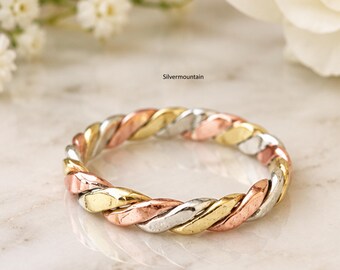 Tricolor Twisted Sterling Silver Ring, Mixed Metal Rope Braided Band Ring, Women's Ring, Daily Wear Ring, Gift For Her