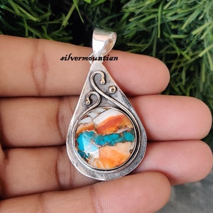 Oyster Copper Turquoise Pendant* 925 Sterling Silver* Round Shape Pendant* Beautiful Pendant*Designer Pendant* Gift For Wife* Free Shipping