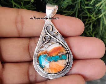 Oyster Copper Turquoise Pendant: Round Sterling Silver Designer Jewelry
