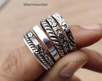 Stackable Oxidized Silver 6 Set Rings, Designer Rings, Minimalist Jewelry, Gift For Him