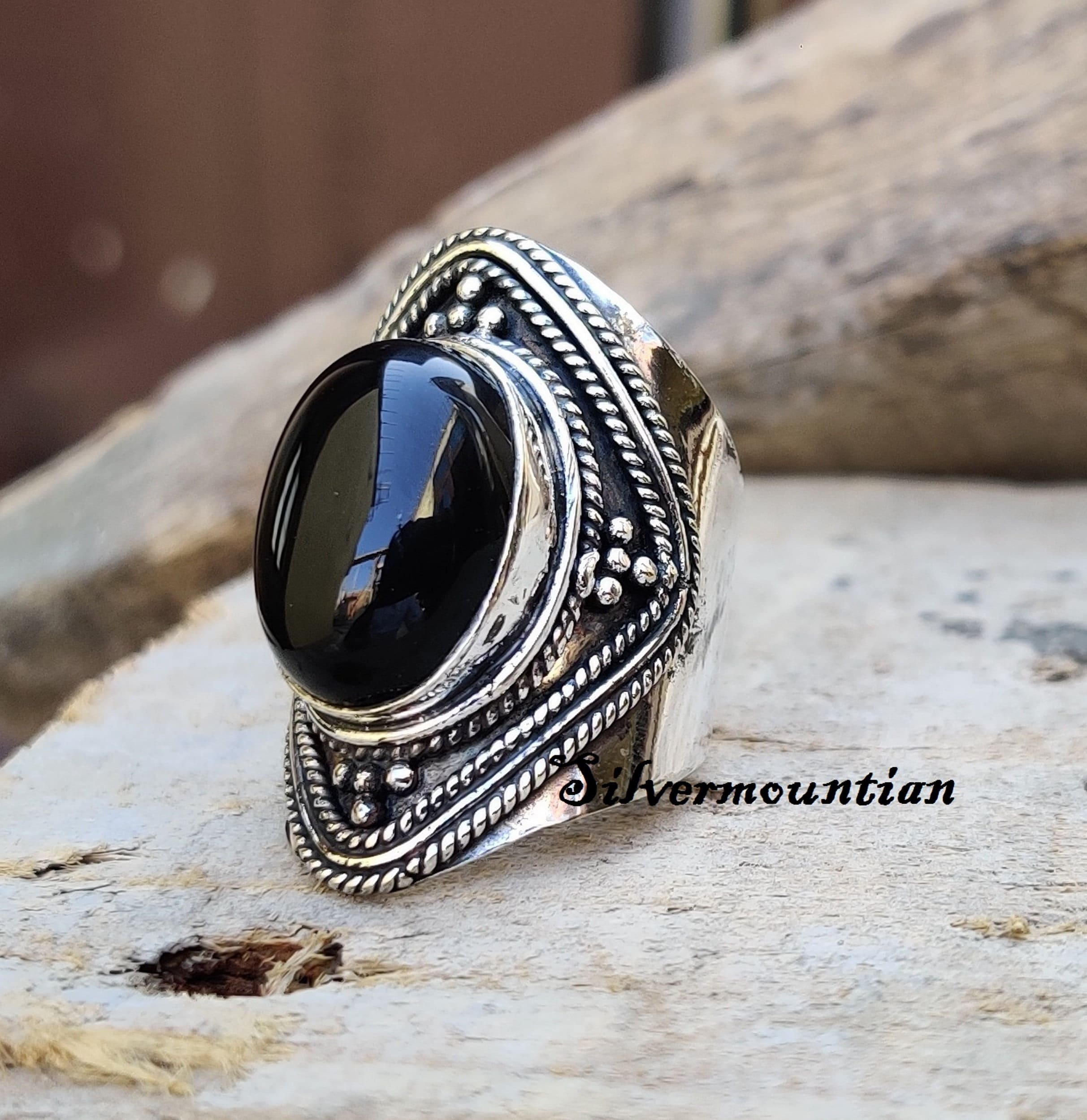 Round Flat Black Onyx Silver Band Ring, 20 Mm Large Onyx