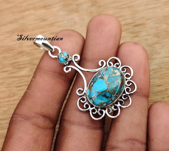 Blue Copper Turquoise Pendant: Handmade 925 Sterling Silver
