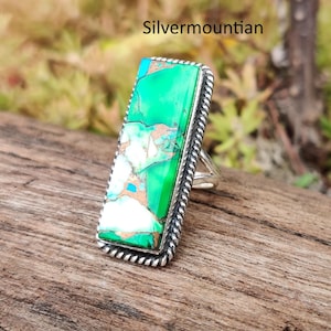 American Turquoise Ring: Handmade Sterling Silver Band Ring Peacock Dahlia