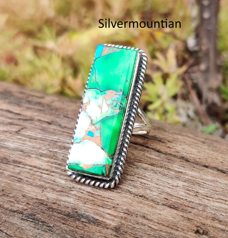 American Turquoise Ring: Handmade Sterling Silver Band Ring Peacock Dahlia
