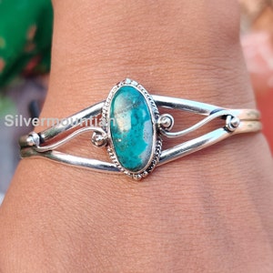 Tibetan Turquoise Bangle*Gemstone Bangle*10x20mm Oval Shape Bangle*Adjustable Bangle*925 Sterling Silver Bangle*Stylish Bangle*Gift Jewelry*