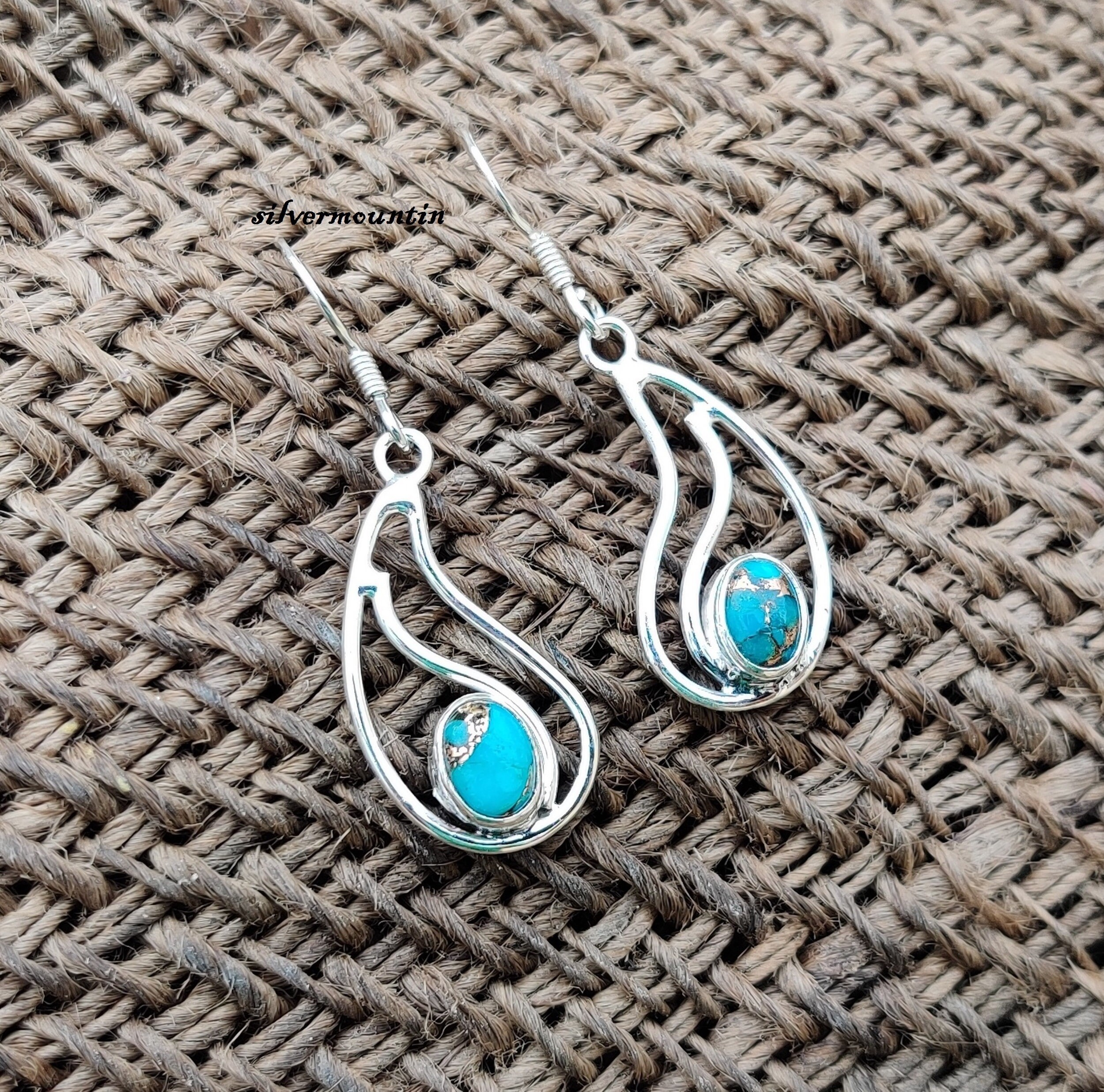 Blue Copper Turquoise Earring , 925 Sterling Silver Earring