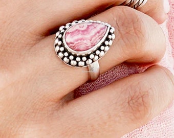 Rhodochrosite Gemstone Ring! 925 Sterling Silver Ring! Pear Shape Ring! Handmade Ring! Beautiful Design Ring! Lovely Ring! Amazing Jewelry!