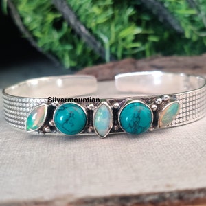 Opal& turquoise Gemstone Bangle* Round or Marquise Shape Bangle* 925 Sterling Silver Bangle* Handmade Designer Bangle* Amazing Jewelry***