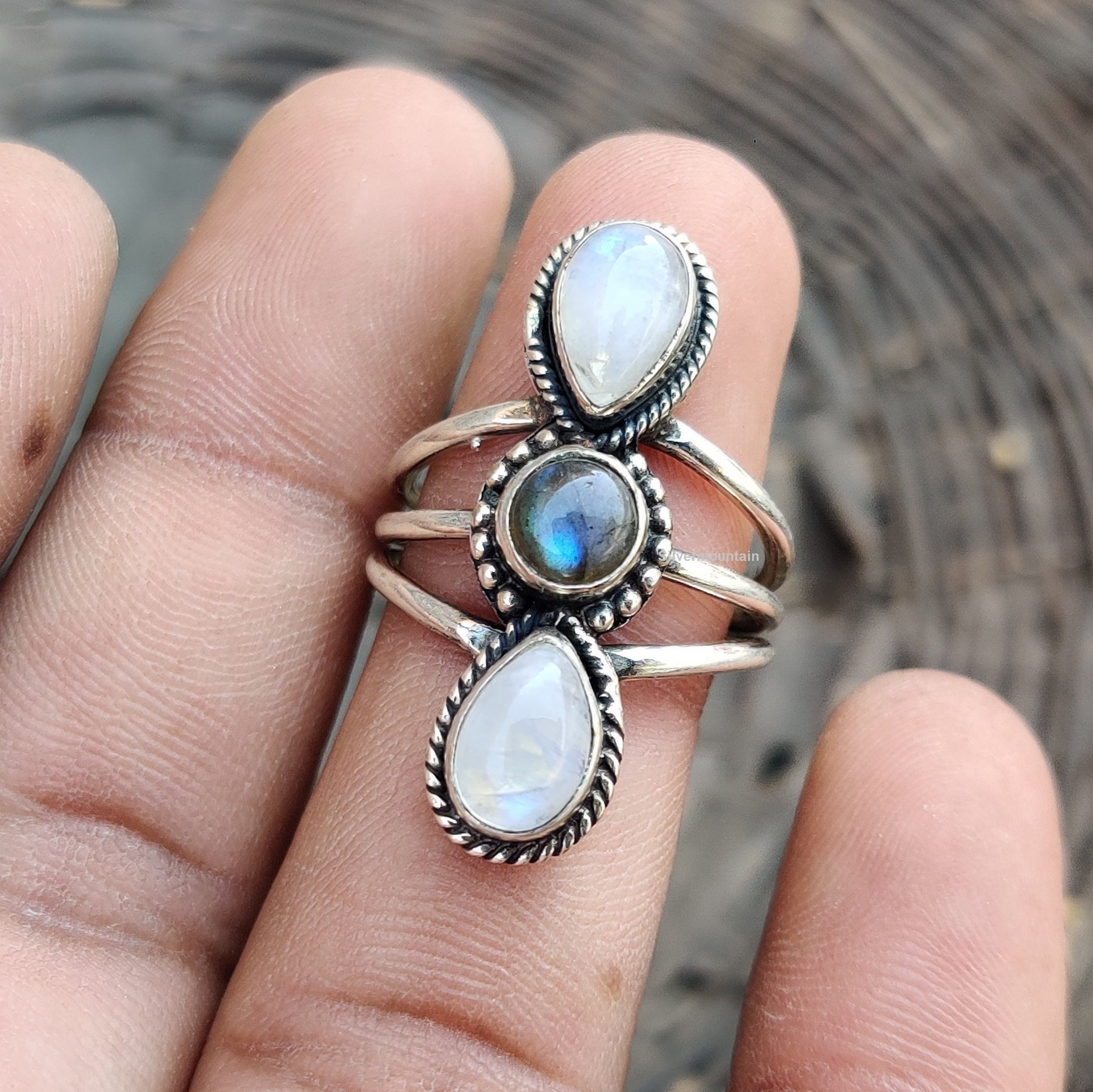 Moonstone Labradorite Ring: Sterling Silver Three Stone Band - Etsy