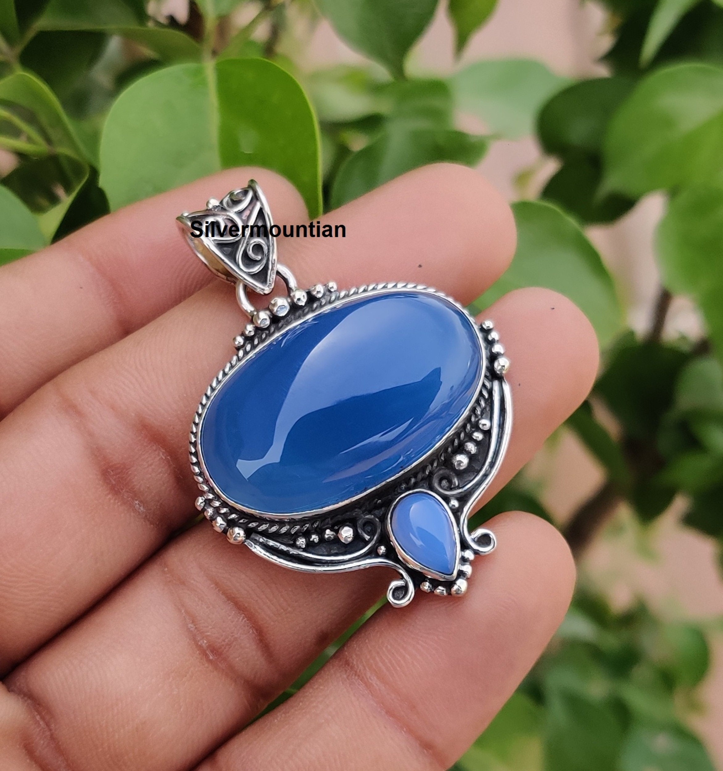 Handmade Aqua Chalcedony Pendant: 925 Sterling Silver Pear & Oval